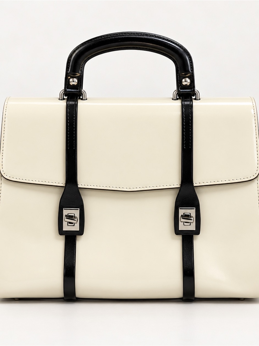 INNUE Made in Italy Cream & Black Genuine Leather Structured Satchel Bag